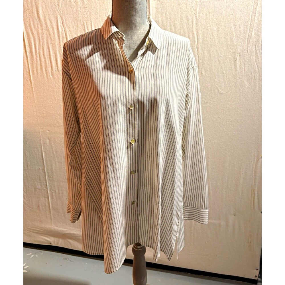 Eileen Fisher XS White/Black Striped Silk Button-Up Collared Long Sleeve